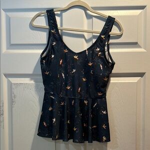 Lime Ricki Navy Blue Tropical Birds Floral Peplum Ruffle Tankini Swimsuit Top L